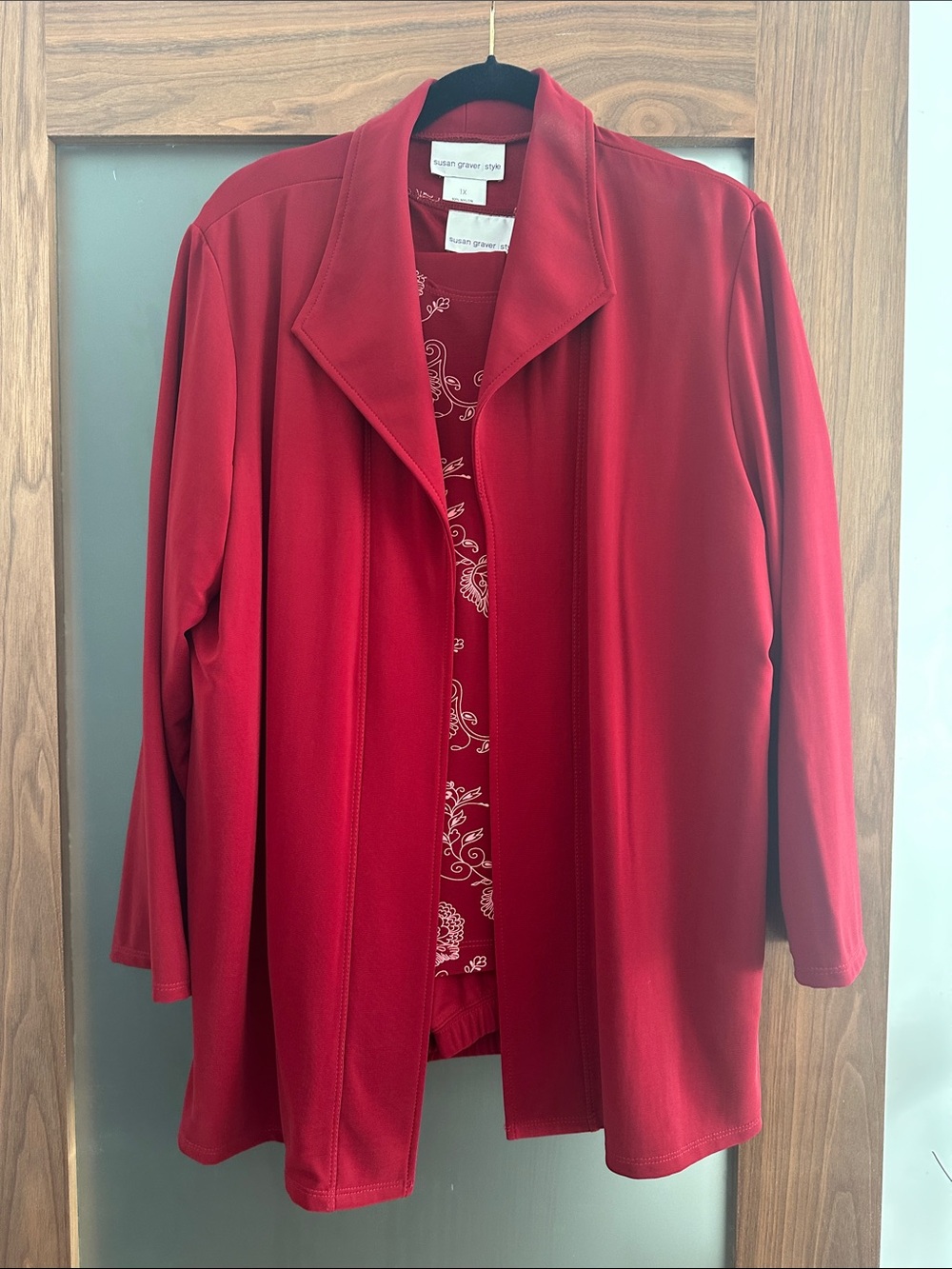 Susan Graver Red Open-Front Longline Blazer